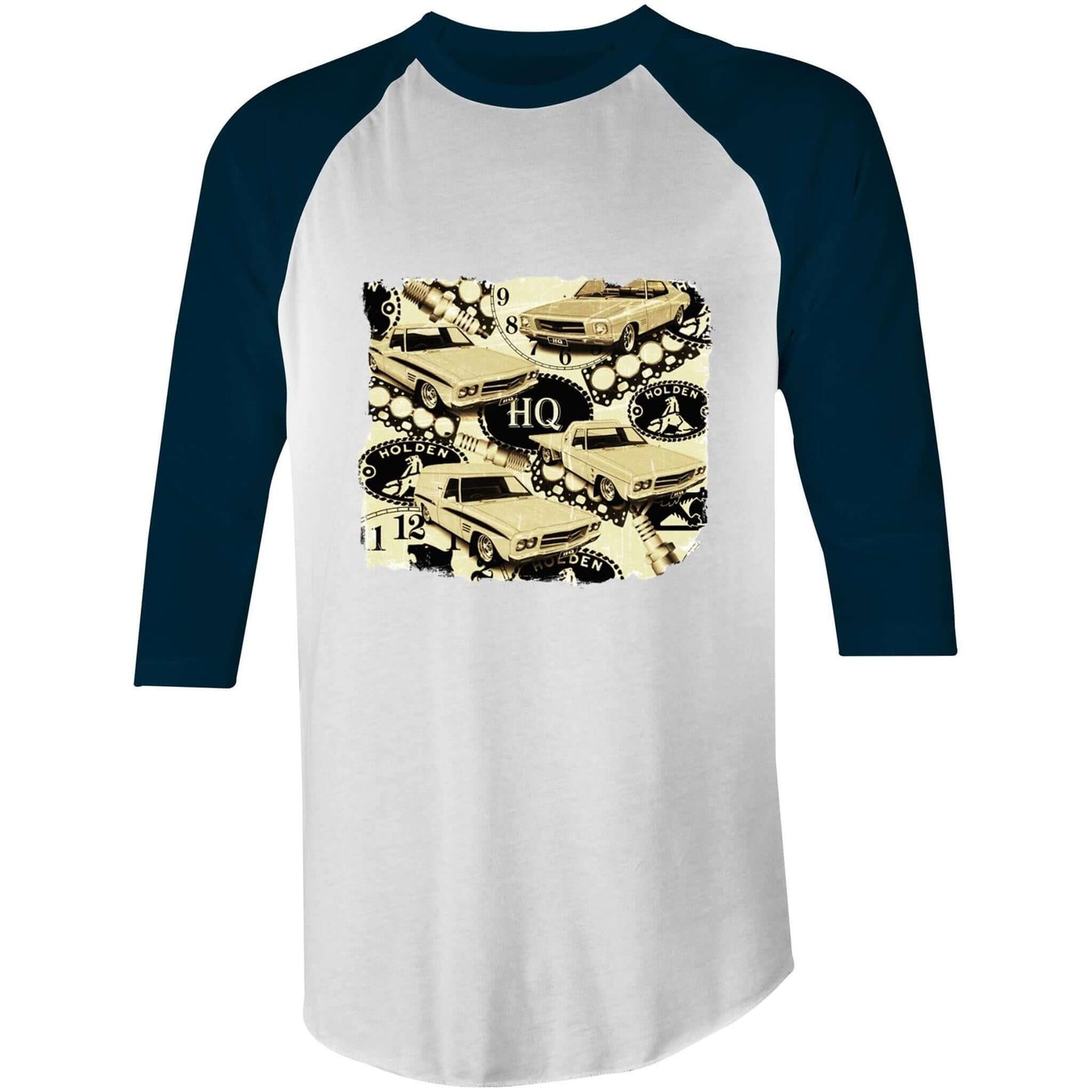 Vintage Holden cars 3/4 sleeve t-shirt featuring retro 70's HQ designs, perfect for classic car enthusiasts.