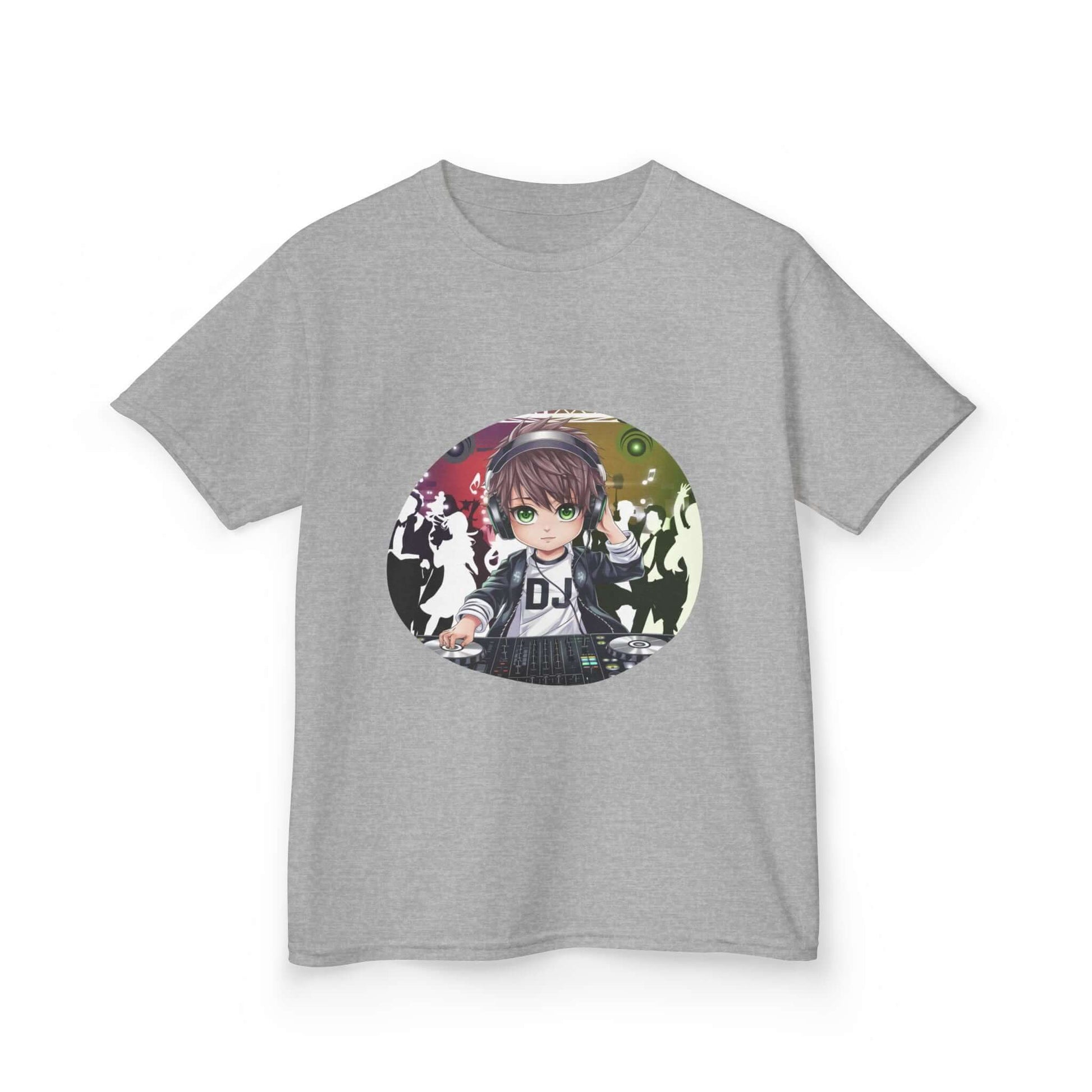 Kids grey t-shirt featuring DJ chibi boy playing music at a party, perfect for music lovers and party goers.