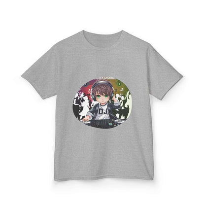 Kids grey t-shirt featuring DJ chibi boy playing music at a party, perfect for music lovers and party goers.