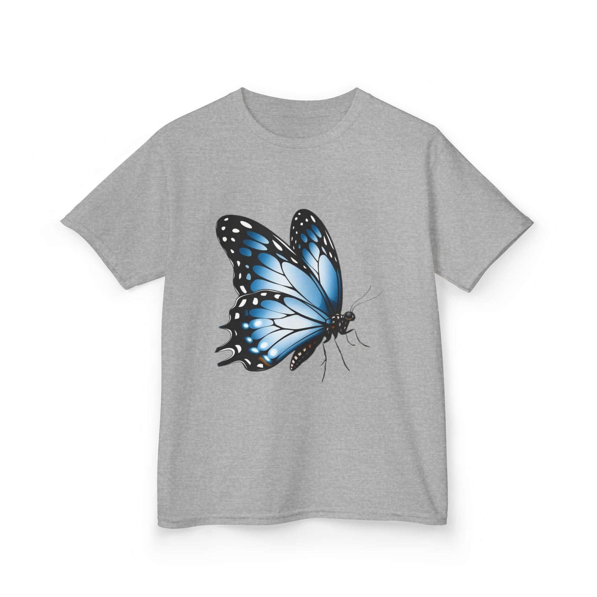 Gray kid's T-shirt featuring a beautiful blue butterfly design, perfect for nature lovers and children.
