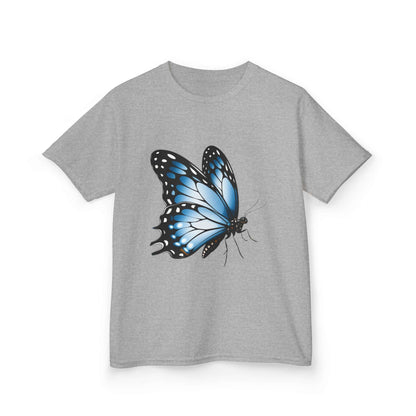 Gray kid's T-shirt featuring a beautiful blue butterfly design, perfect for nature lovers and children.