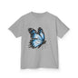 Gray kid's T-shirt featuring a beautiful blue butterfly design, perfect for nature lovers and children.