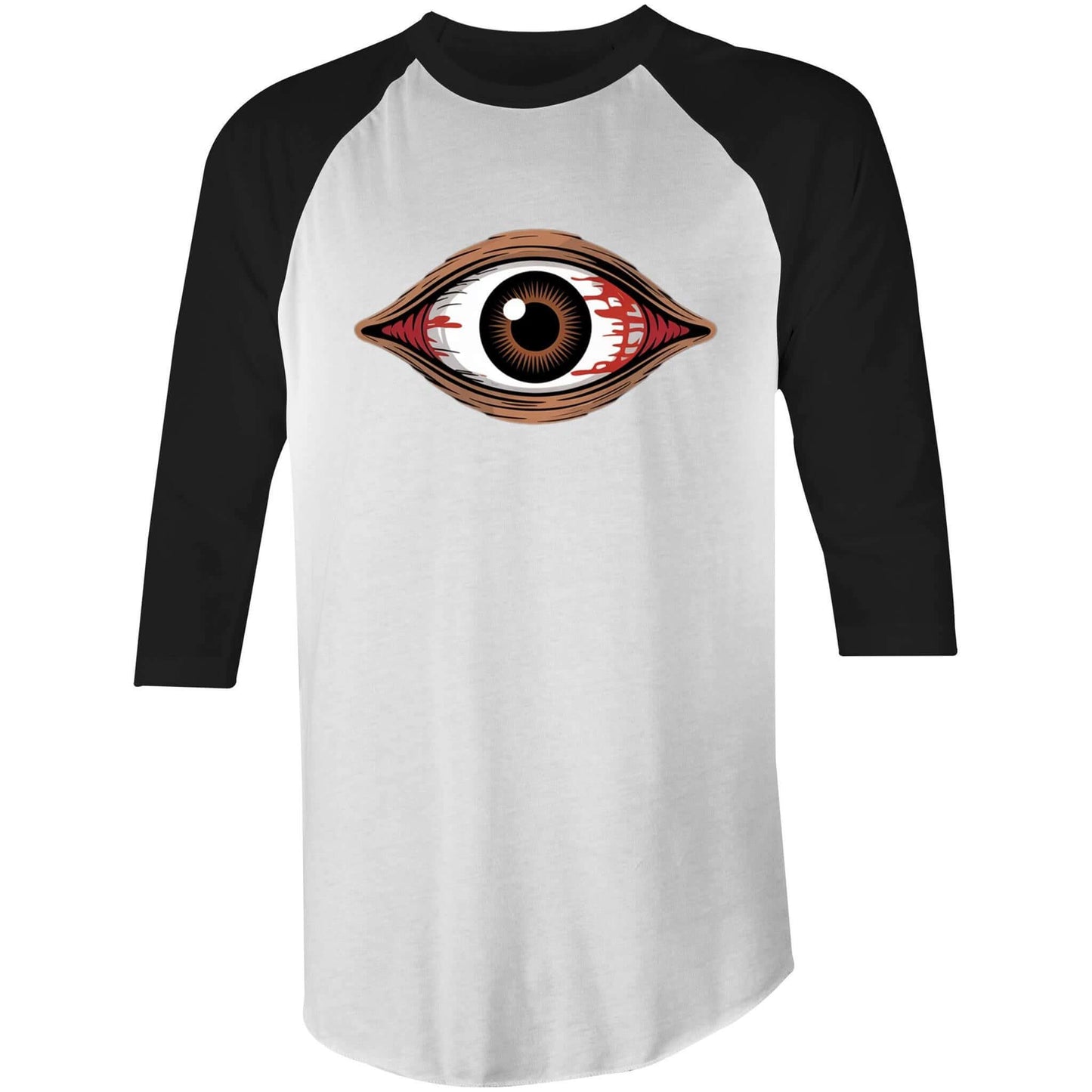 Unisex 3/4 sleeve tee featuring a spooky bloody brown eye design, perfect for music festivals and Halloween.