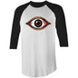 Unisex 3/4 sleeve tee featuring a spooky bloody brown eye design, perfect for music festivals and Halloween.