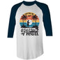 AS Colour 007 Funny Fishing Quote 3/4 Sleeve T-Shirt with retro sunset design and palm trees.