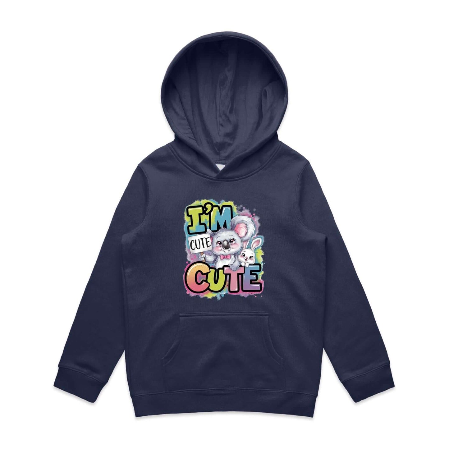 Kid's hoodie featuring cute koala and bunny design with text "I'm Cute" in colorful print, perfect for baby fashion.
