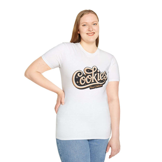 Model wearing a white T-shirt with 'Cookies Trend Collective' graphic, showcasing a stylish casual look.