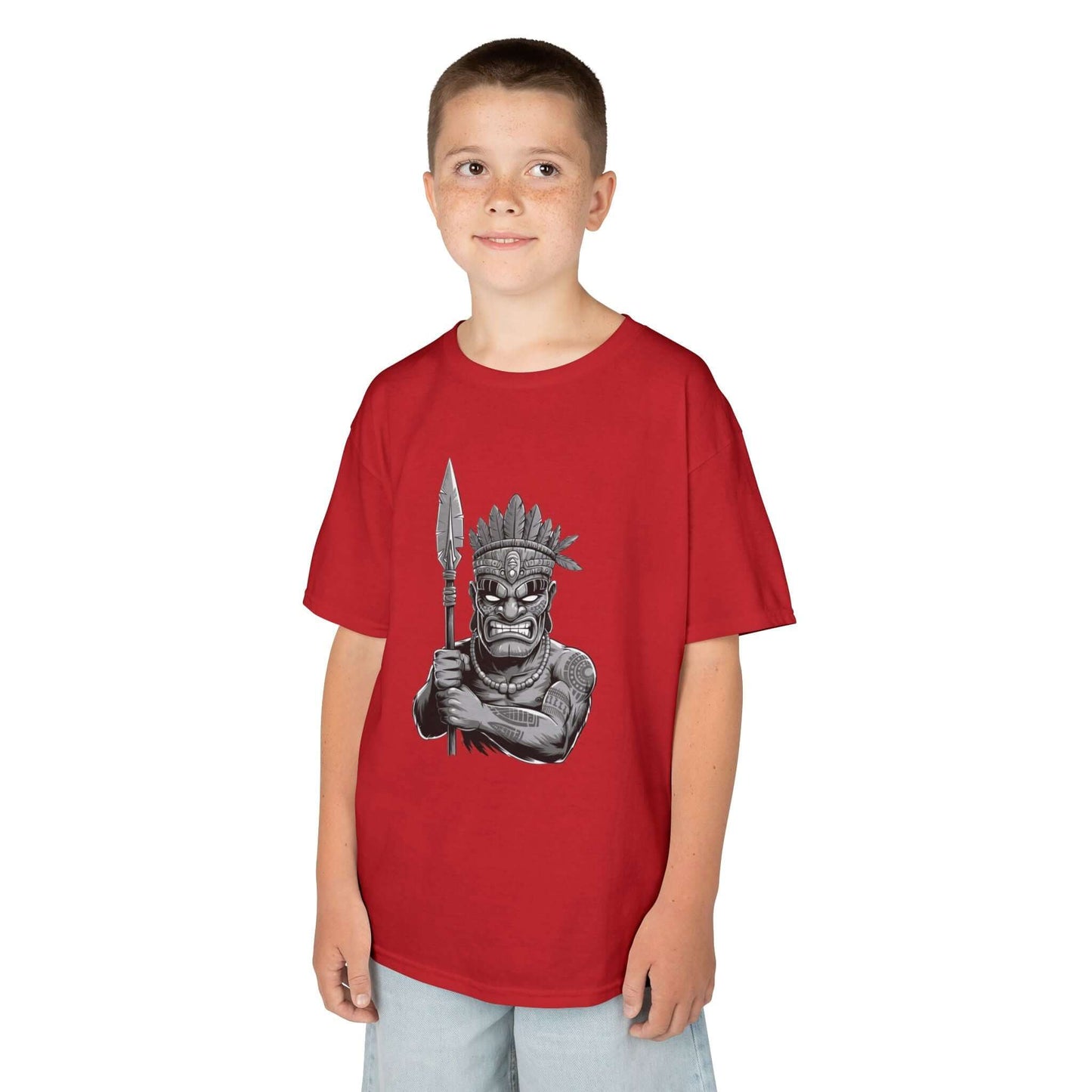 Kids tee featuring a bold Tiki character with a spear, perfect for casual fashion and playful outings.