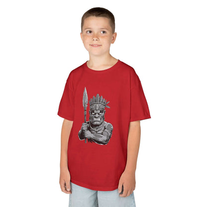 Kids tee featuring a bold Tiki character with a spear, perfect for casual fashion and playful outings.