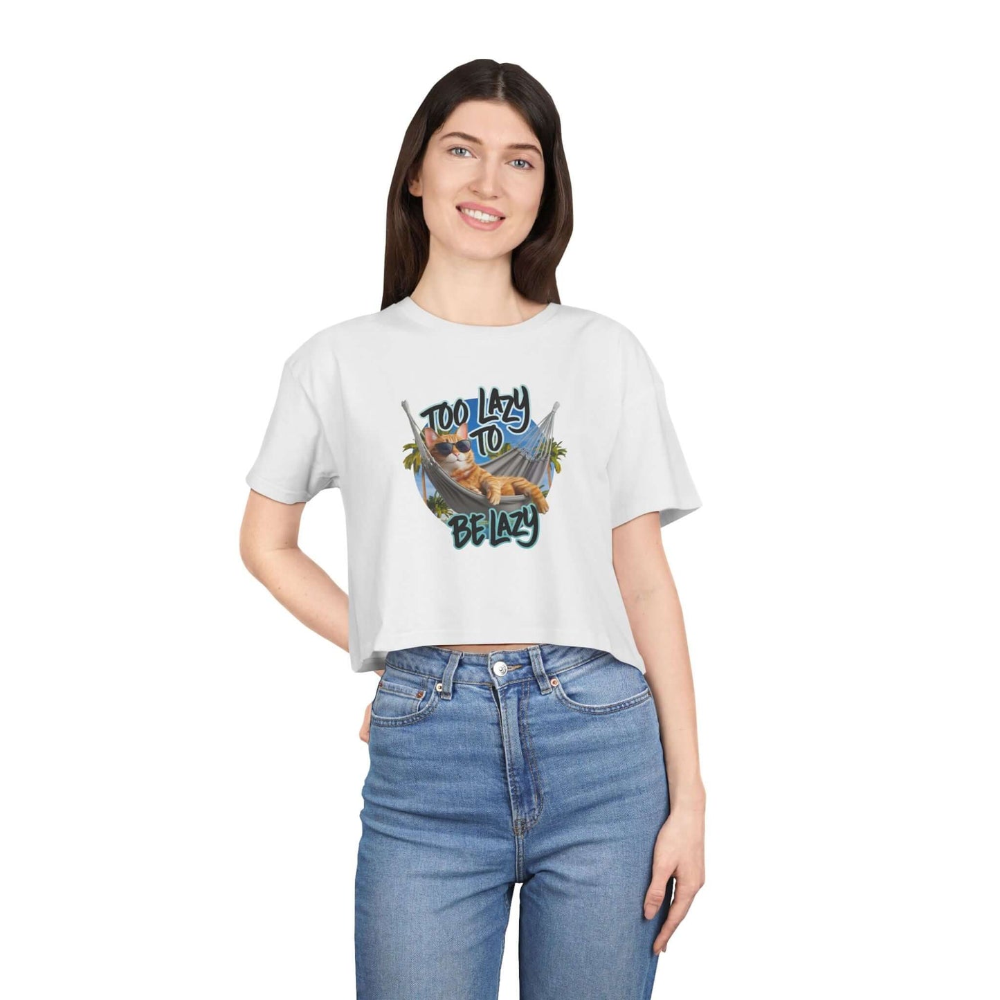 Crop top featuring a lazy cat at the beach with the phrase 'Too Lazy to be Lazy', perfect for summer vibes.