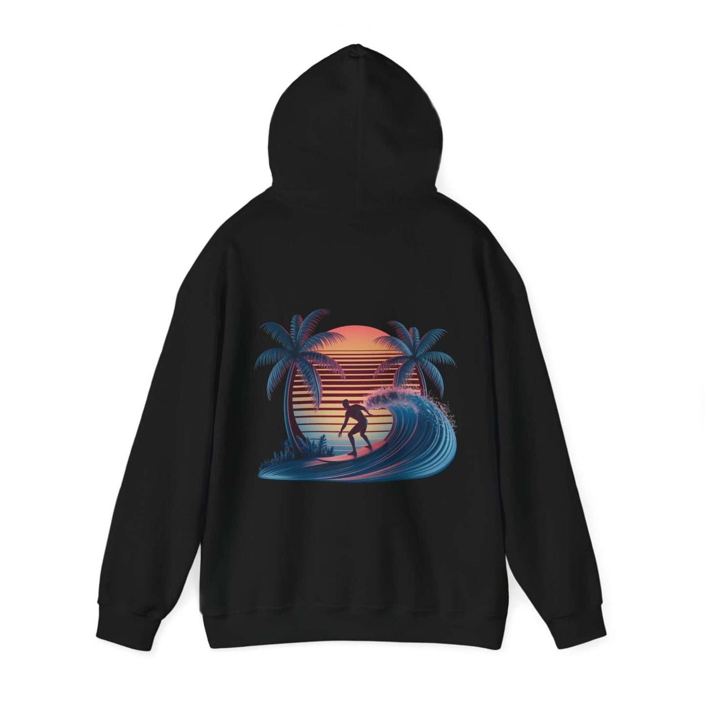 Hooded jumper featuring sunset surfer riding a wave with palm trees, synth-wave design for beach and surf wear.