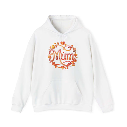 Cozy white hoodie featuring 'Mum' in shimmering translucent floral and heart design, perfect for Mother's Day.