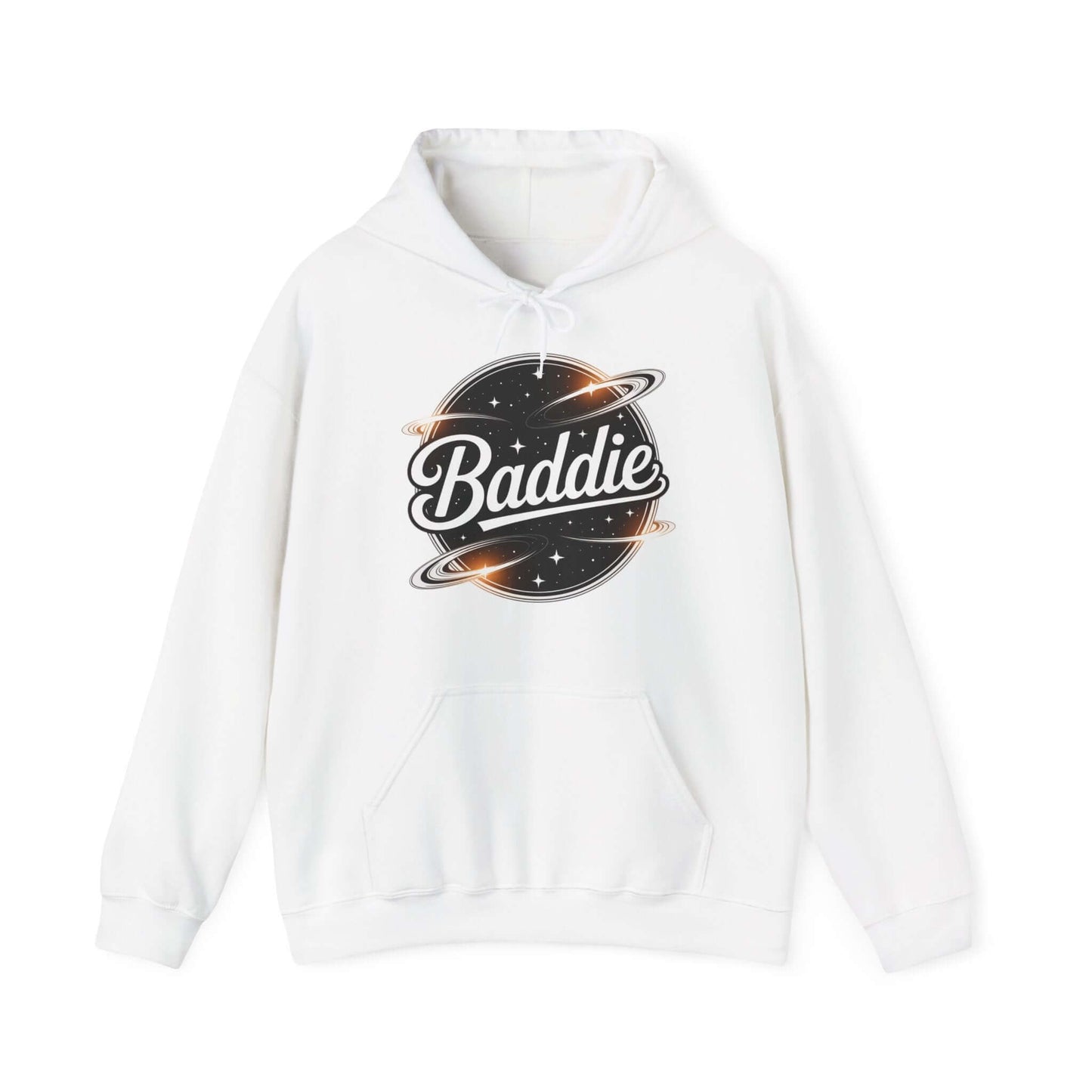 White hoodie featuring 'Baddie' universe design with retro vibe and spacious kangaroo pouch pocket.
