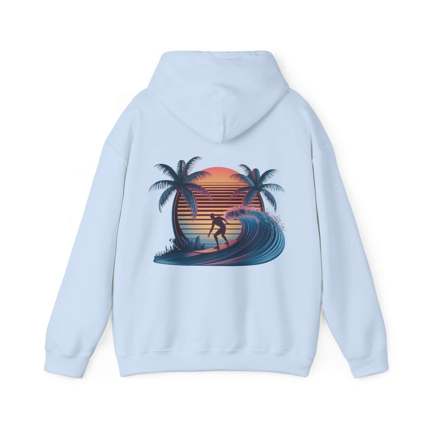 Illustration of a sunset surfer riding a wave with synth-wave effect on a light blue hoodie, perfect for surf and beach wear.