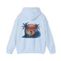 Illustration of a sunset surfer riding a wave with synth-wave effect on a light blue hoodie, perfect for surf and beach wear.