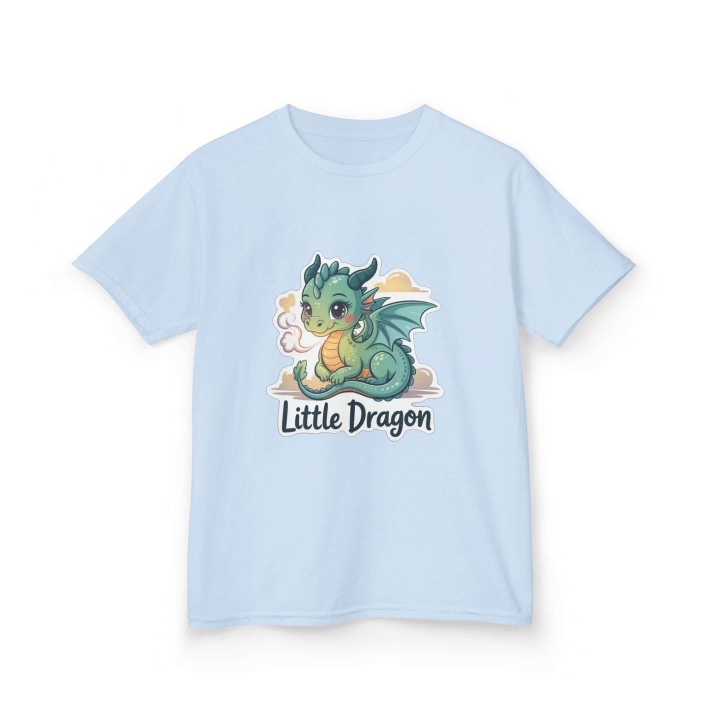 Kids tee featuring an adorable 'Little Dragon' cartoon character design on a light blue background.