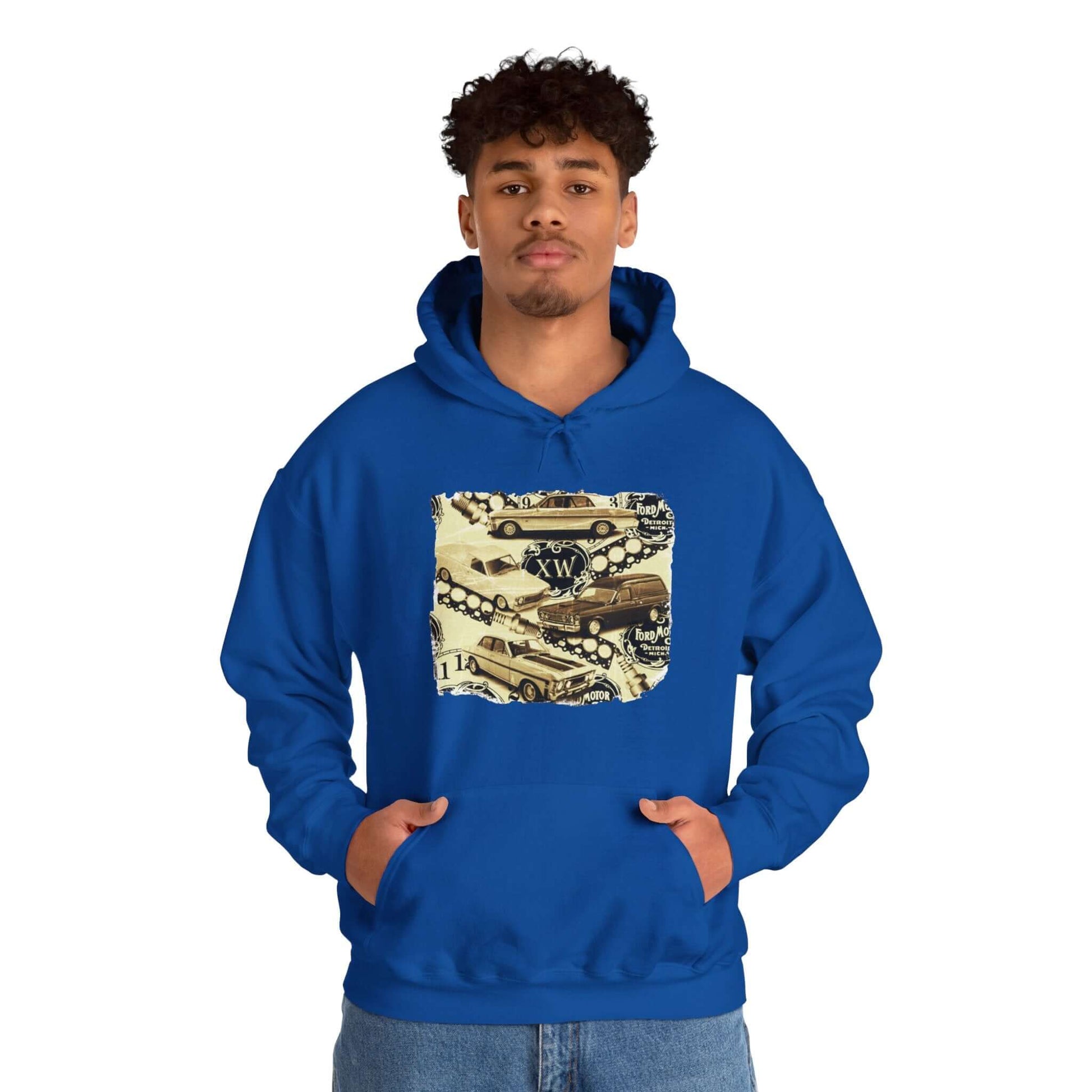 Blue vintage Ford hoodie featuring XW Falcon design, perfect for classic car enthusiasts.