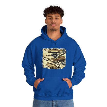 Blue vintage Ford hoodie featuring XW Falcon design, perfect for classic car enthusiasts.