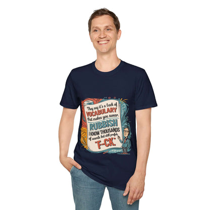 Unisex T-shirt with teacher humor featuring a funny quote about vocabulary on a colorful graphic.