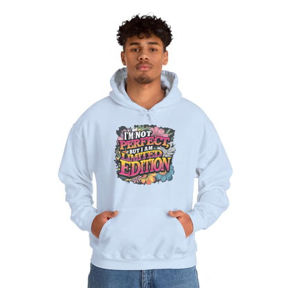Limited edition hoodie with colorful floral design and quote 'I'm not perfect, but I am limited edition'.