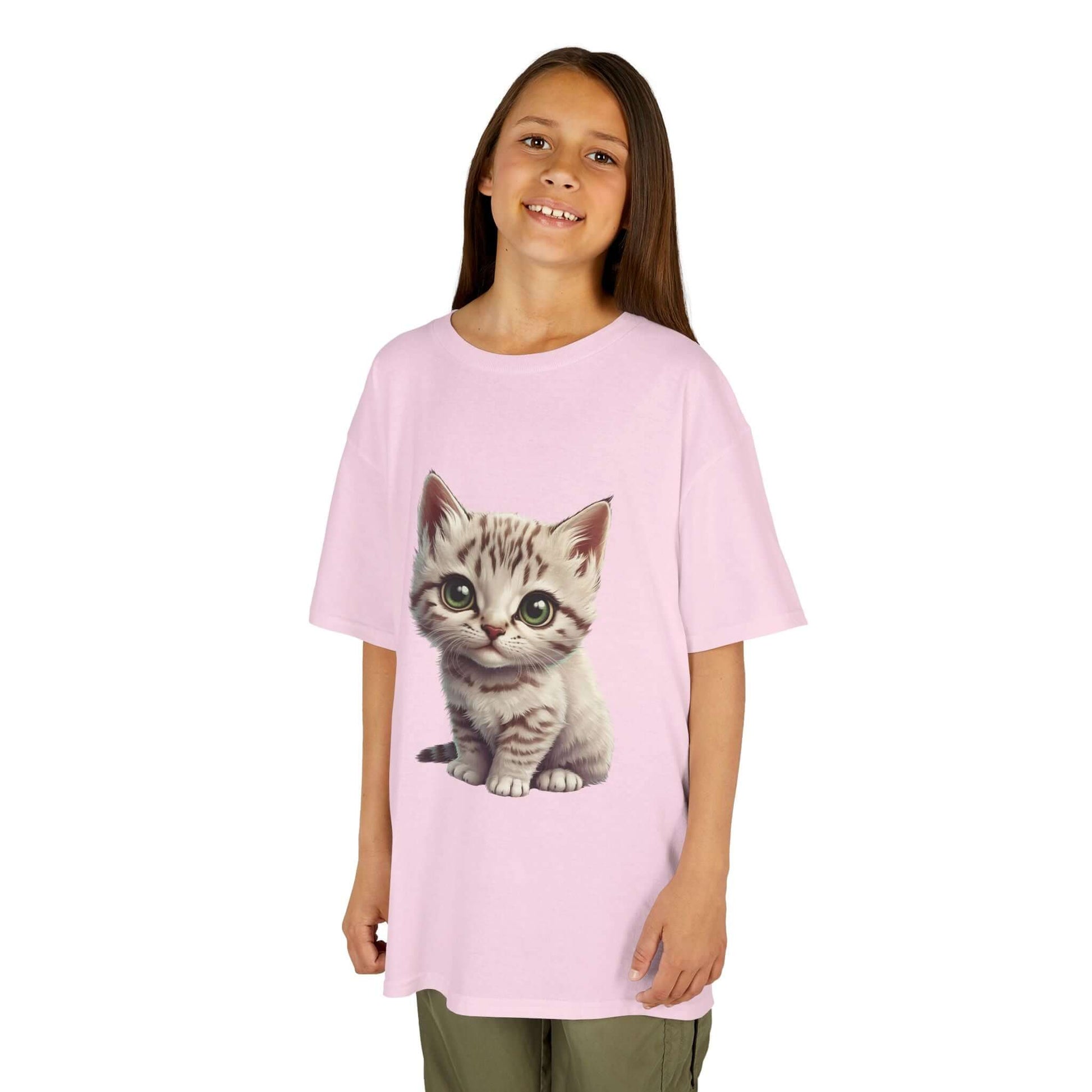 Cute pink kid's T-shirt with adorable white kitten graphic design for children, perfect for cat lovers.