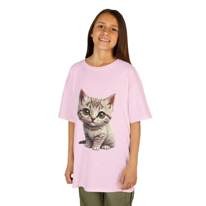 Cute pink kid's T-shirt with adorable white kitten graphic design for children, perfect for cat lovers.