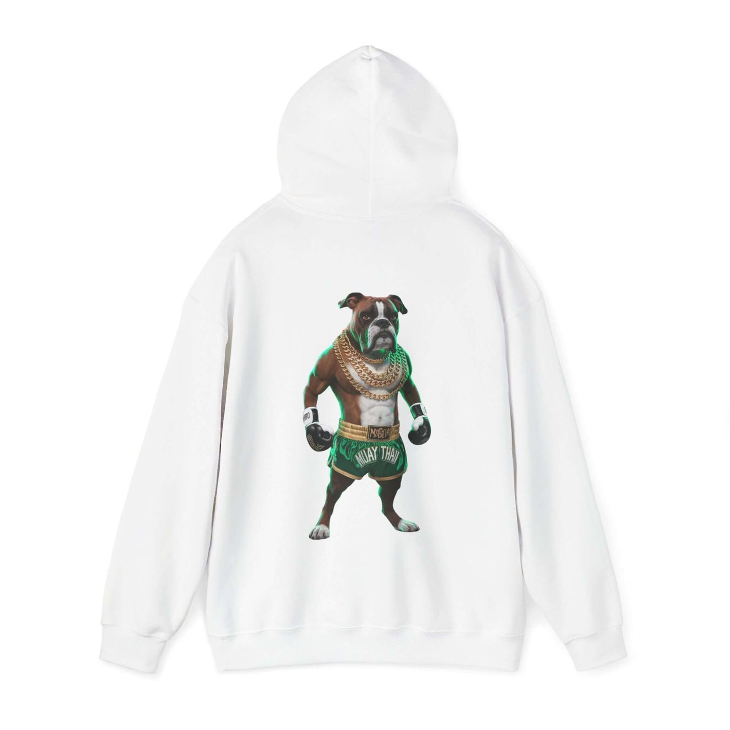 Hooded sweatshirt featuring a boxer dog as a Muay Thai fighter adorned with gold chains.