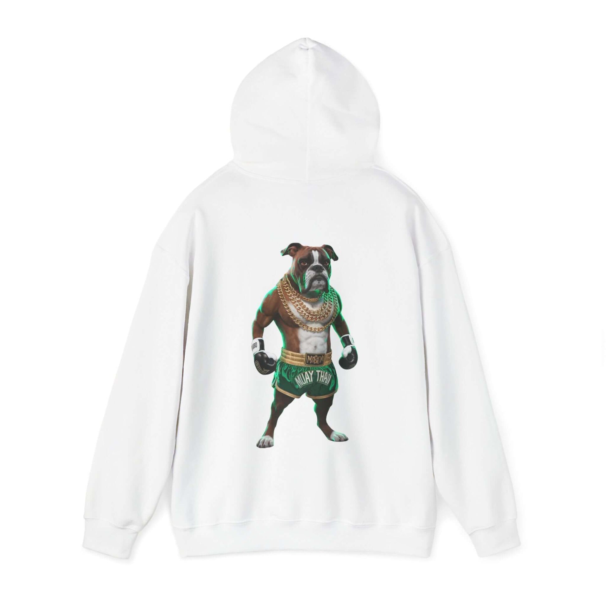 Hooded sweatshirt featuring a boxer dog as a Muay Thai fighter adorned with gold chains.