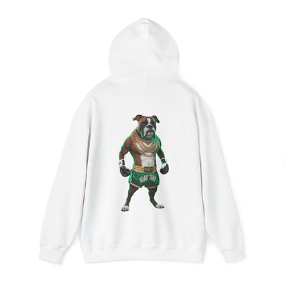 Hooded sweatshirt featuring a boxer dog as a Muay Thai fighter adorned with gold chains.