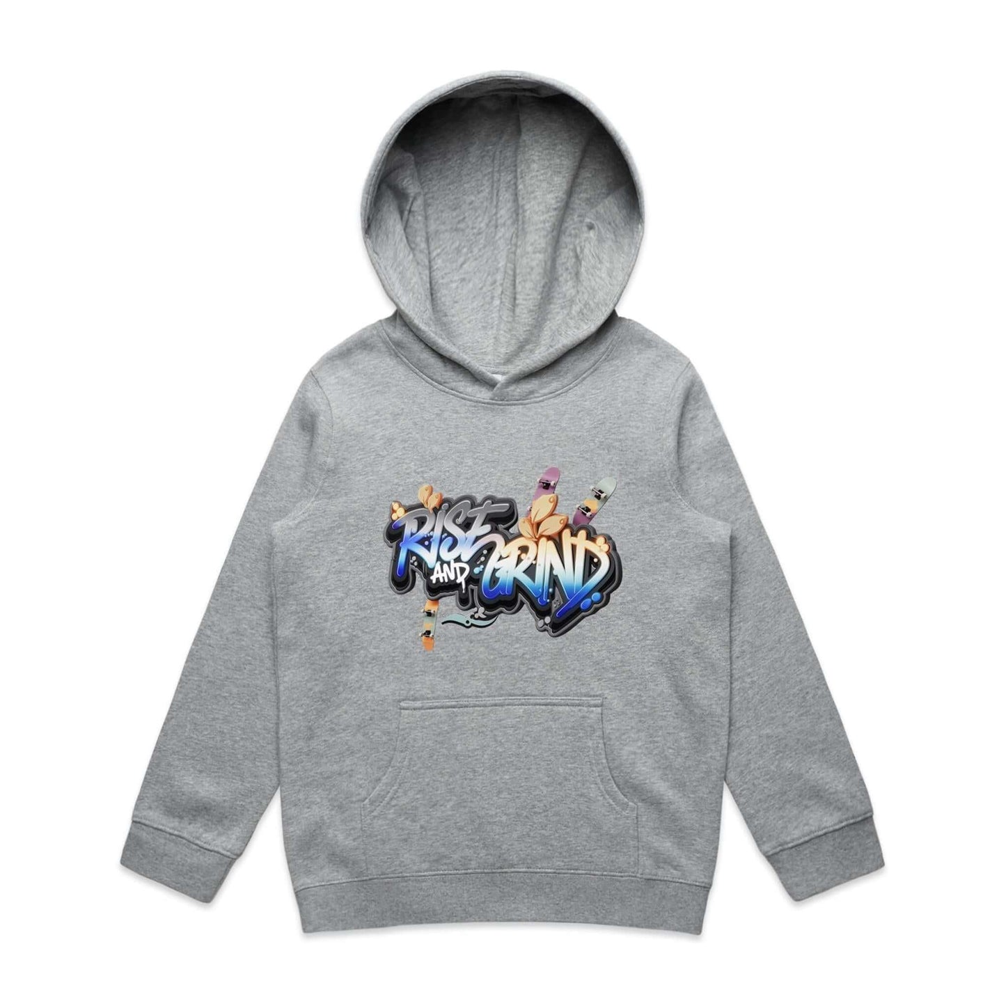 Kid's unisex hoodie featuring 'Rise and Grind' graffiti skater design, perfect for streetwear and casual style.