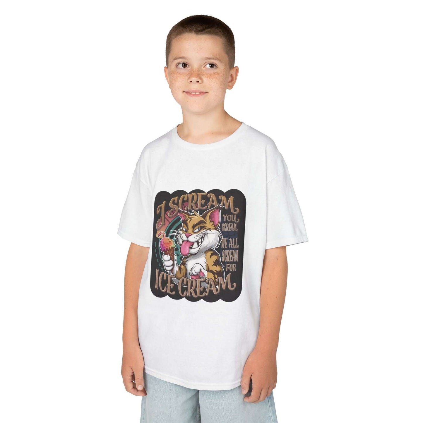 Kids tee featuring a playful cat eating ice cream with the text "I scream, you scream, we all scream for ice cream".