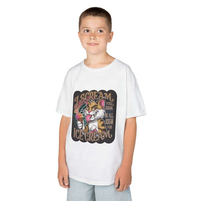 Kids tee featuring a playful cat eating ice cream with the text "I scream, you scream, we all scream for ice cream".