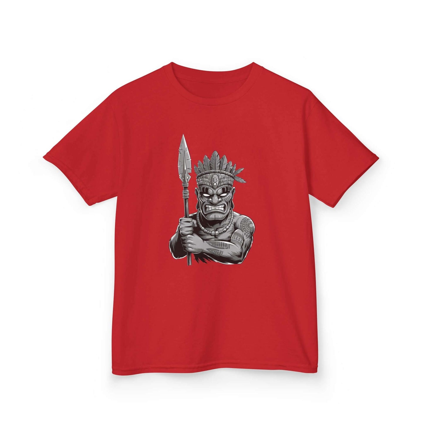 Kids red tee with black and white Tiki character design holding spear, perfect for trendy children's fashion.