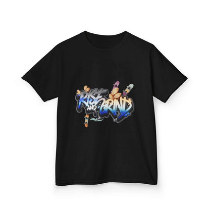 Unisex kid's T-shirt featuring graffiti skater design 'Rise and Grind' with skateboards and coffee leaves, ideal for urban streetwear.