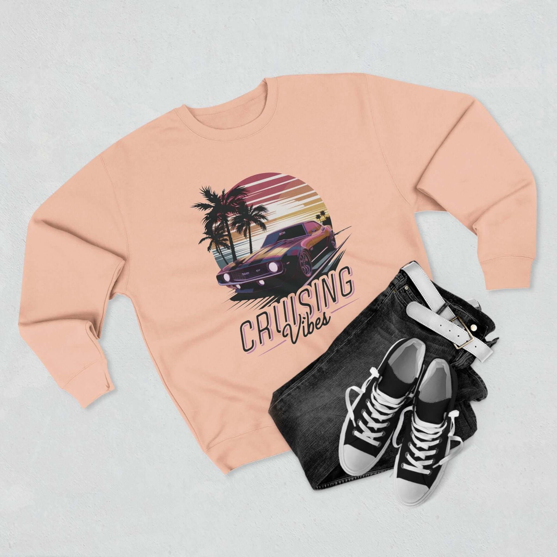 Pink Vintage muscle car sunset Sweatshirt with 'Cruising Vibes' text and tropical design, perfect jumper for casual winter wear and retro car enthusiasts.