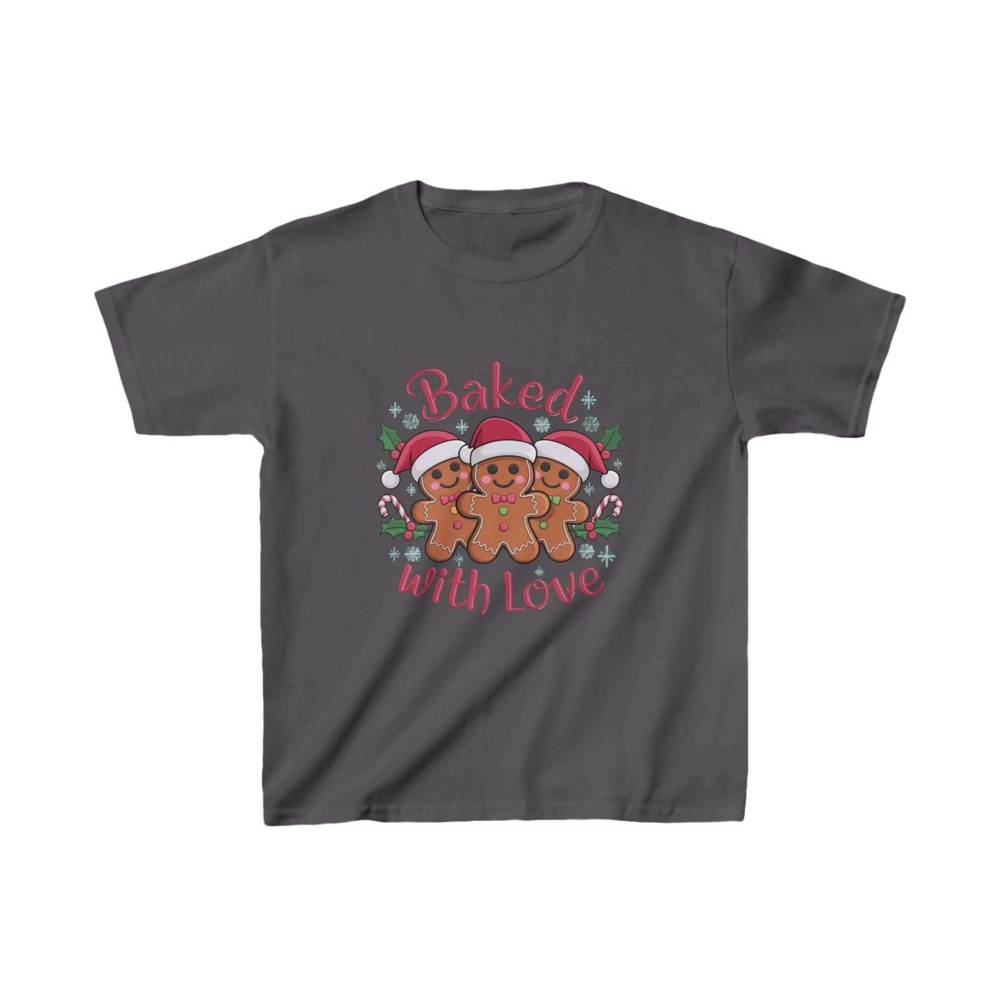 Kids T-shirt featuring gingerbread men in Santa hats with 'Baked with Love' text, perfect for Christmas celebrations.