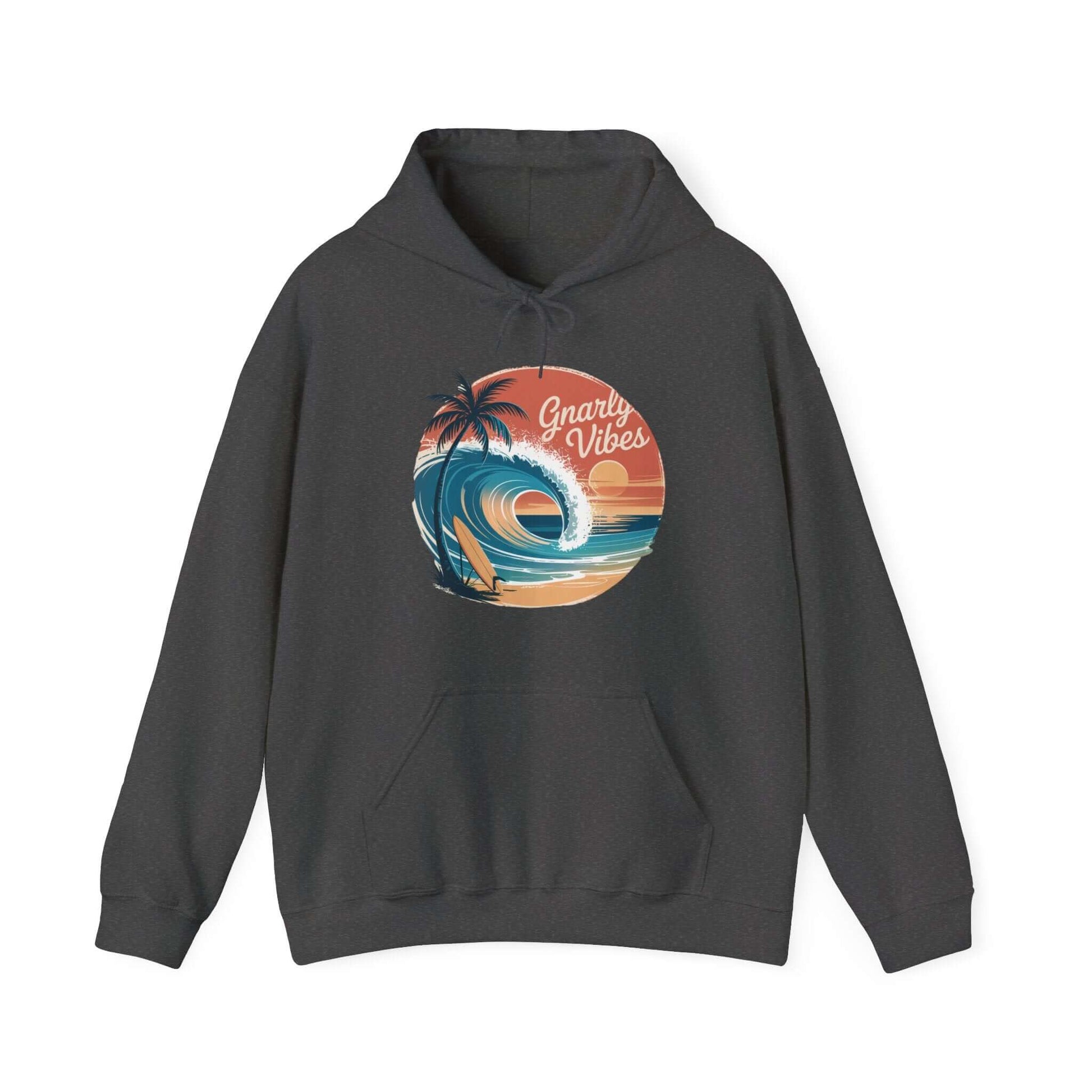 Vintage sunset beach hoodie with big wave and palm trees, featuring Gnarly Vibes text, perfect for surf culture enthusiasts.