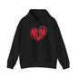 Hooded sweatshirt with 'MUM' in red heart design on black background, perfect for Mother's Day celebrations.