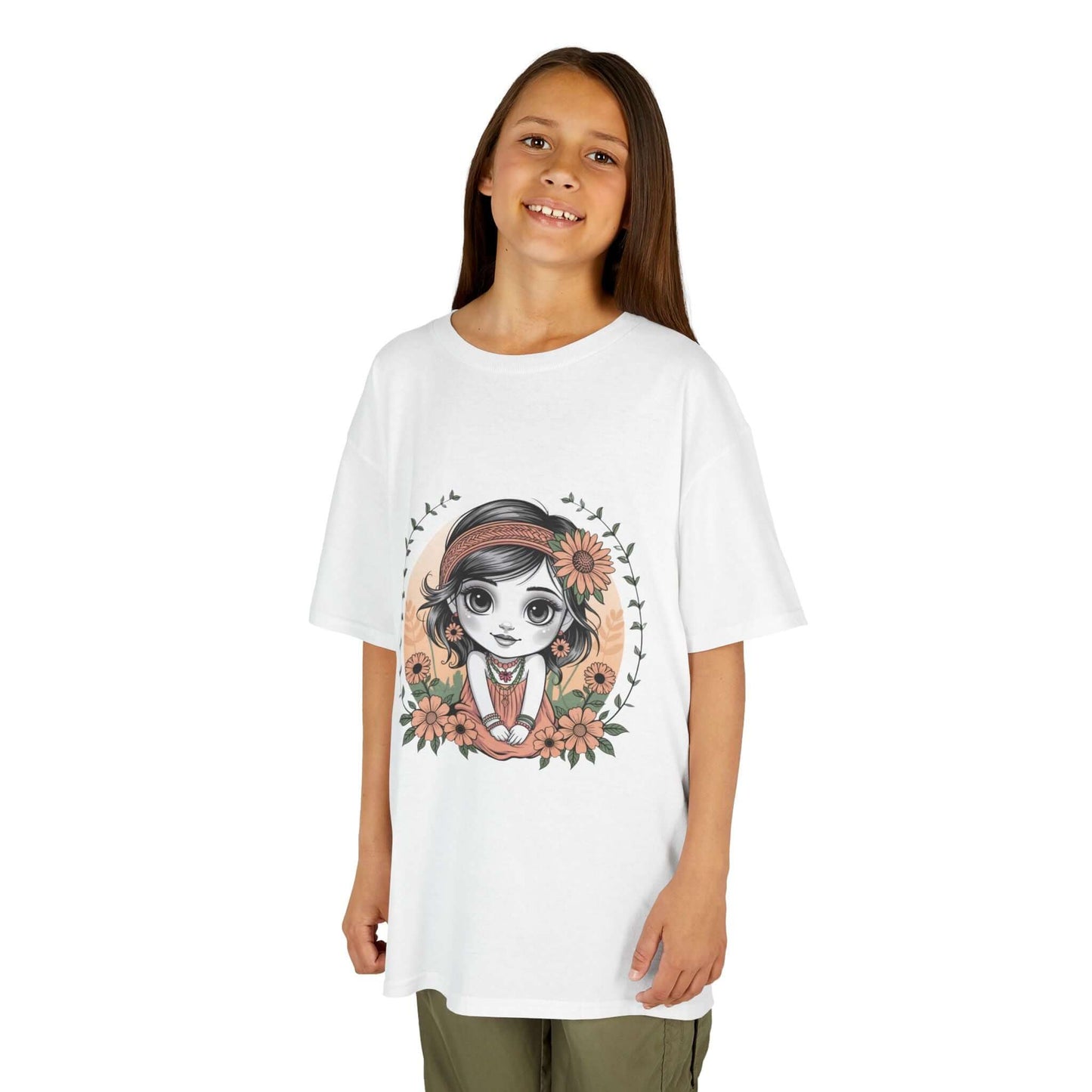 Cute chibi girl surrounded by flowers on a white kids tee, perfect for young girls and whimsical fashion.