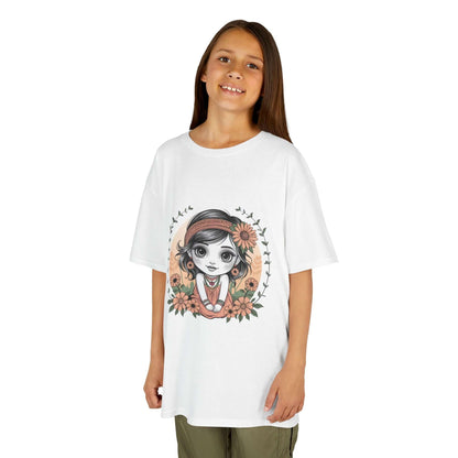 Cute chibi girl surrounded by flowers on a white kids tee, perfect for young girls and whimsical fashion.
