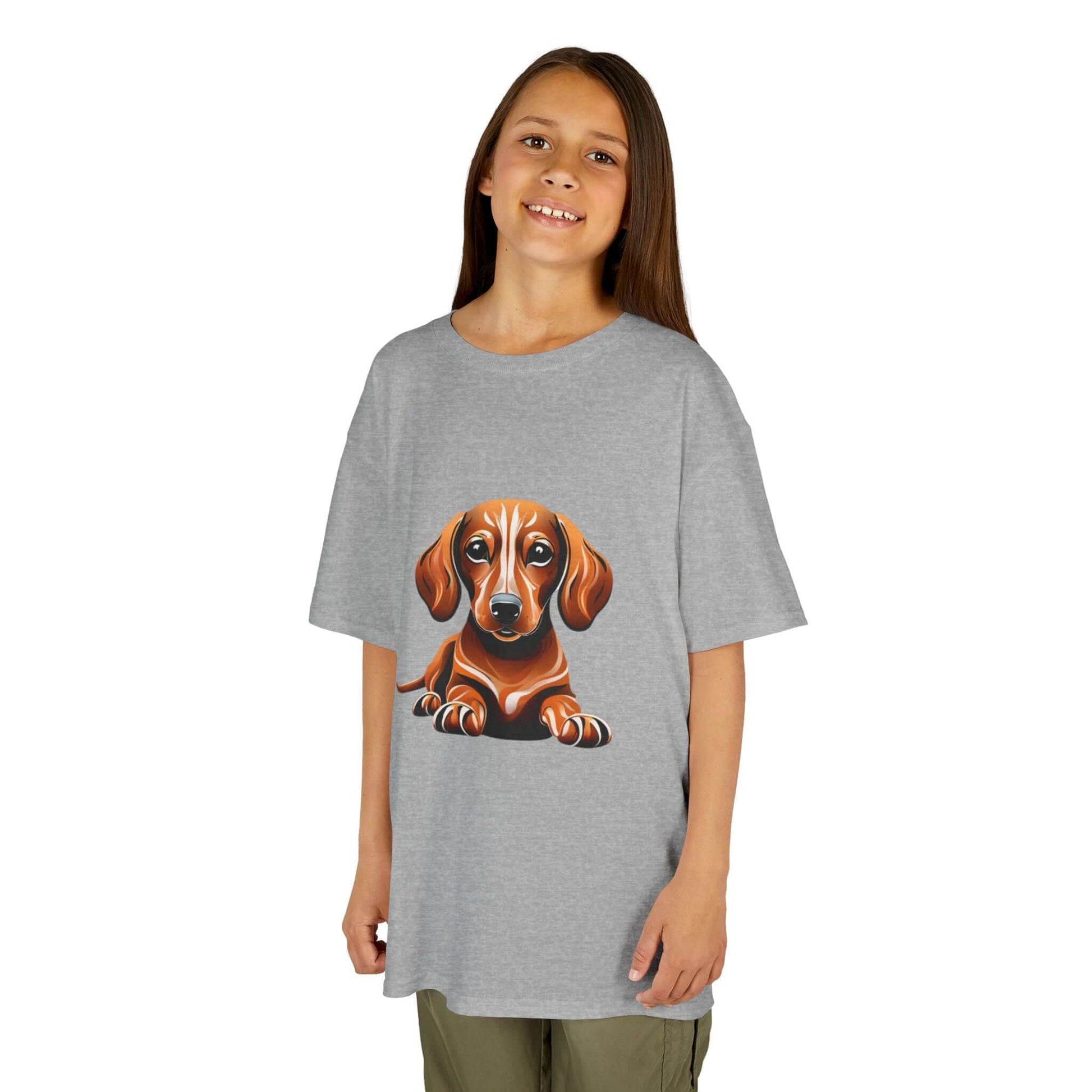 Tan Dachshund puppy graphic on grey Kid's Tee, perfect for dog lovers and animal enthusiasts.