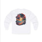 Long sleeve t-shirt featuring tropical sunset beach design with palm trees, perfect for summer vibes and beach lovers.