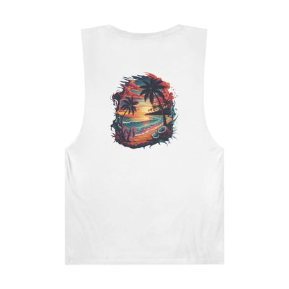 Tank top featuring tropical sunset beach design with palm trees, perfect for summer vibes and beach lovers.