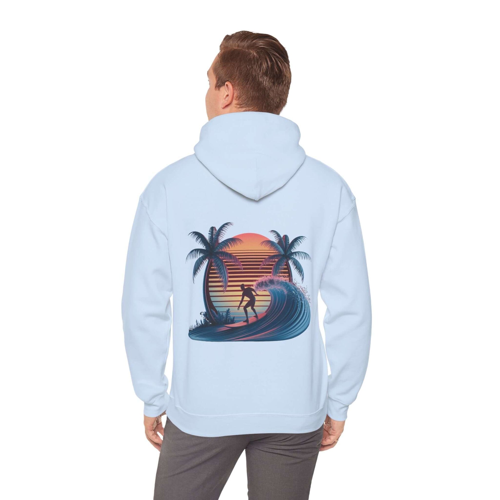 Hooded jumper featuring a sunset surfer riding a wave design with palm trees and synth-wave effect.