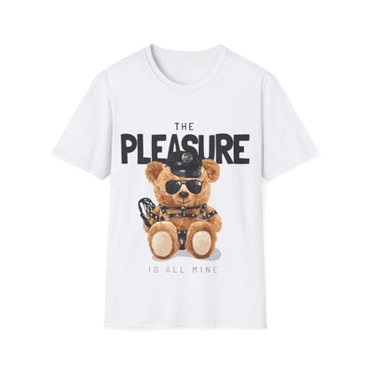 Playful teddy bear graphic shirt featuring bold text 'The Pleasure Is All Mine' for trendy everyday fashion.