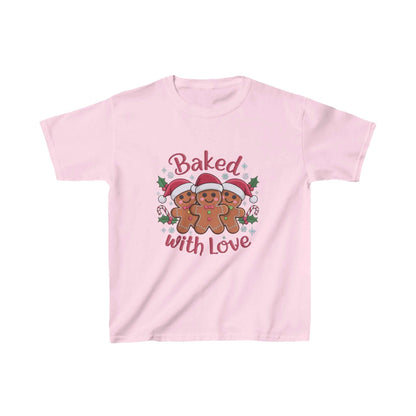 Kids T-shirt featuring gingerbread men and 'Baked with Love' typography, perfect for Christmas festivities.