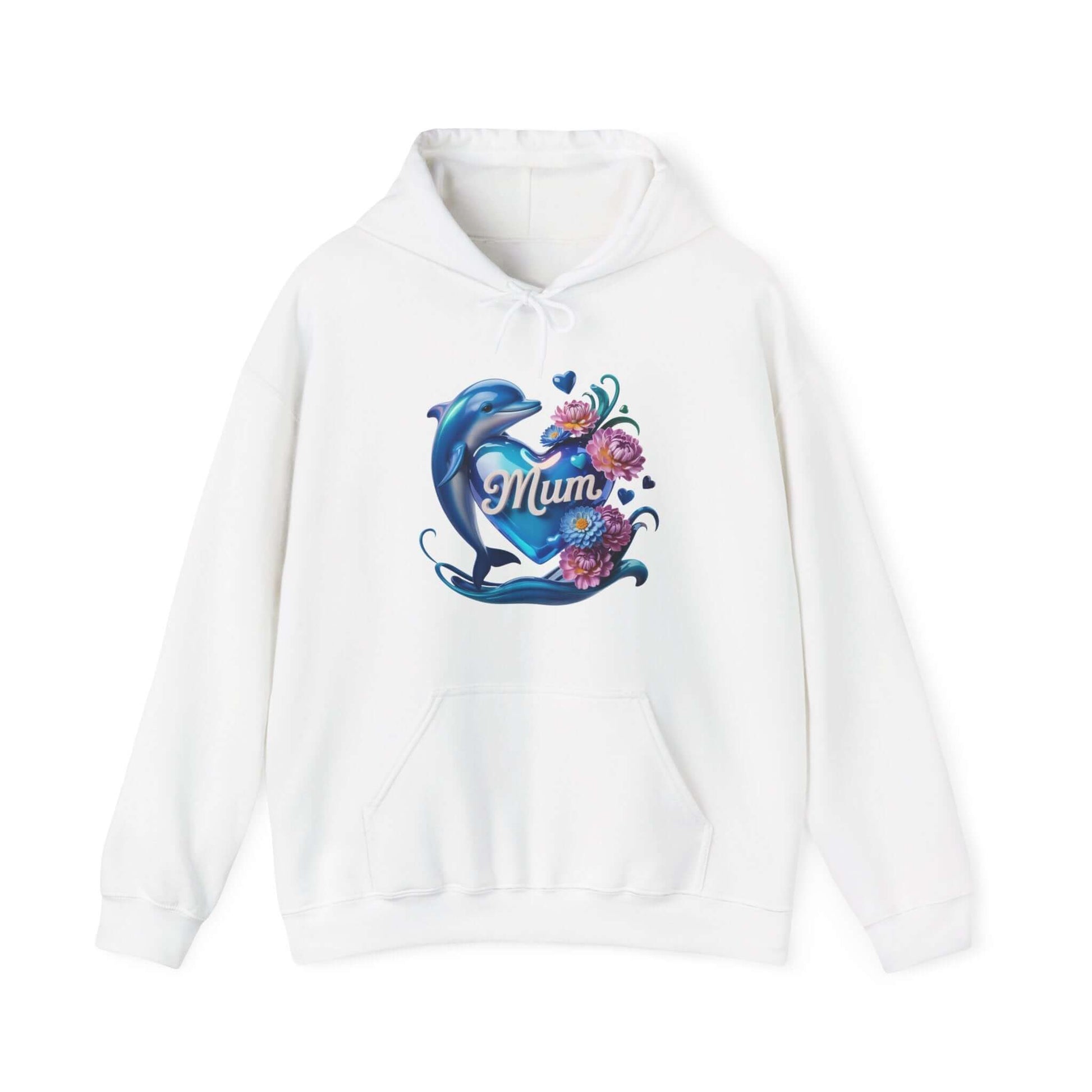 Cozy unisex hoodie featuring a dolphin holding 'Mum' heart and flowers, perfect for Mother's Day gifts.