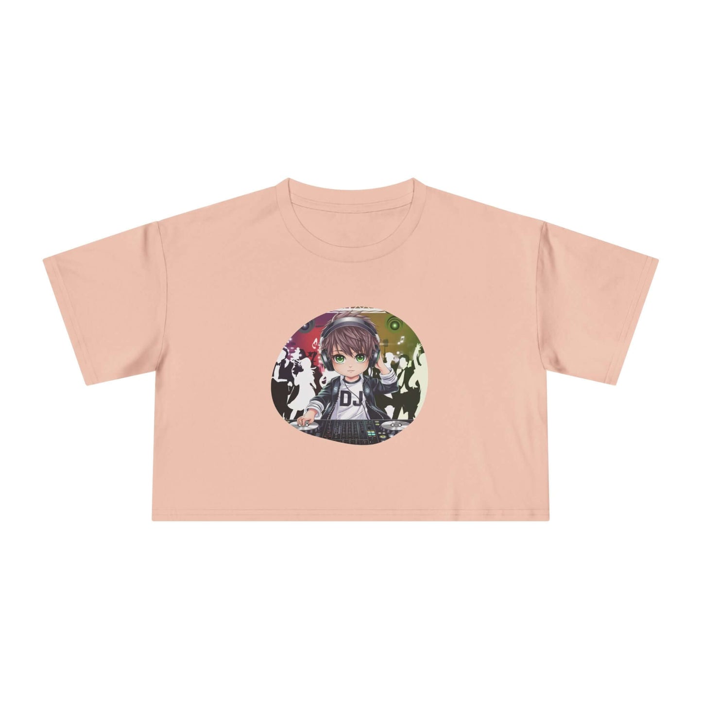 Pale pink ladies crop top featuring a DJ chibi boy playing decks at a colorful party for music lovers.