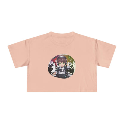 Pale pink ladies crop top featuring a DJ chibi boy playing decks at a colorful party for music lovers.