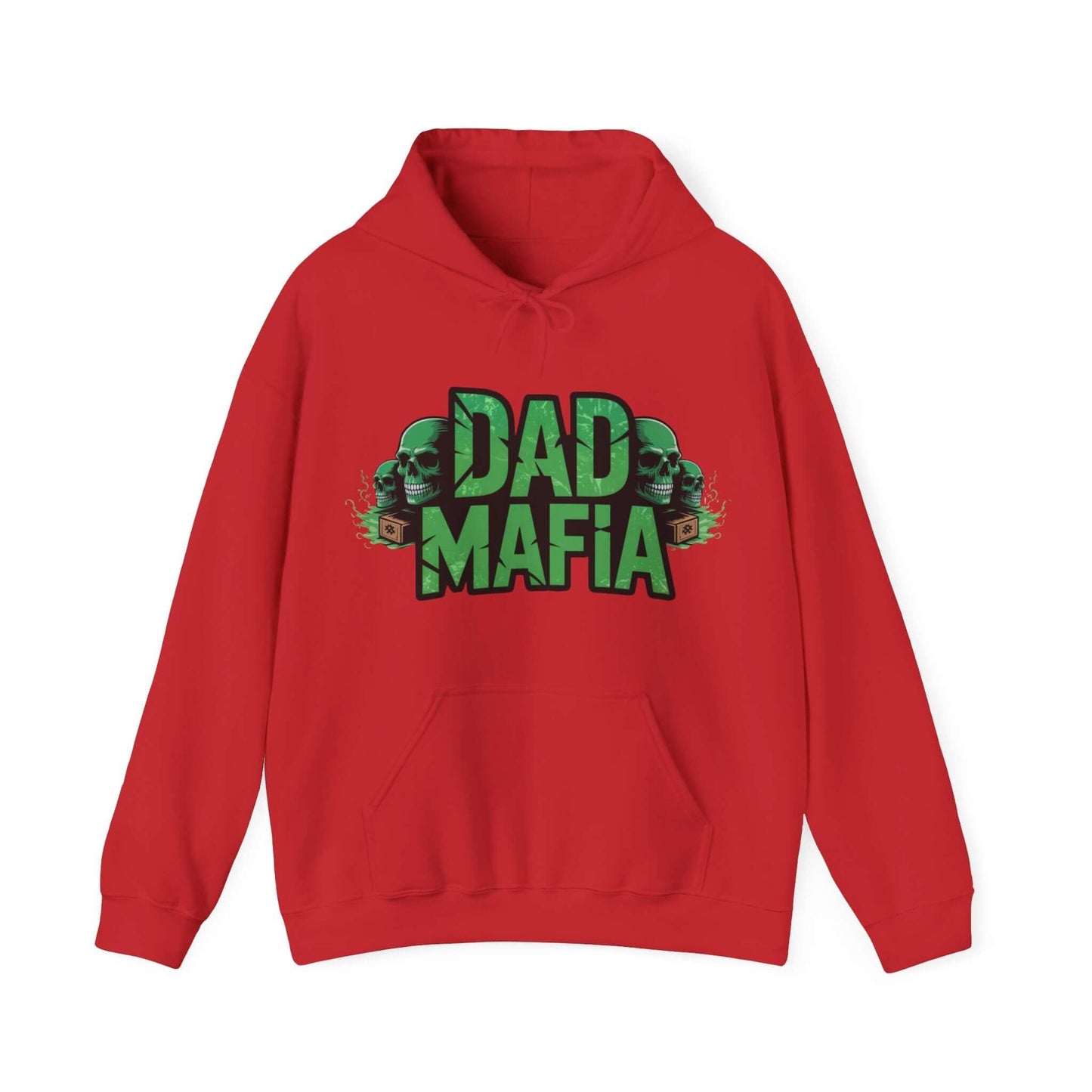 DAD MAFIA unisex hooded jumper in red featuring neon green skulls and lettering, perfect for casual occasions.